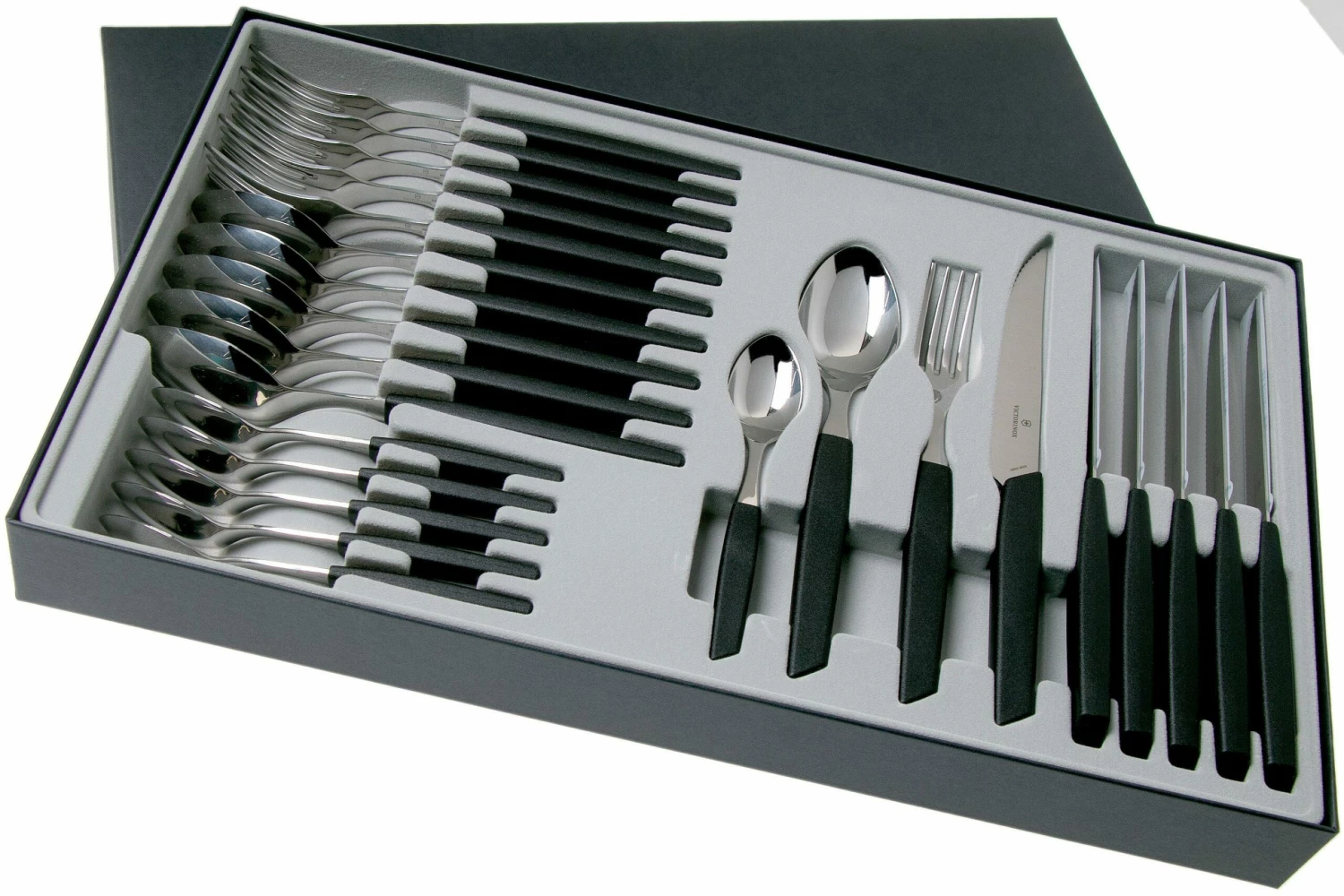 Victorinox Swiss Modern 6.9093.12W.24, Set De Cubiertos De 24 Piezas Con Cuchillo Para Carne, Negro 4 Victorinox Swiss Modern 6.9093.12W.24, Set De Cubiertos De 24 Piezas Con Cuchillo Para Carne, Negro - Imagen 2